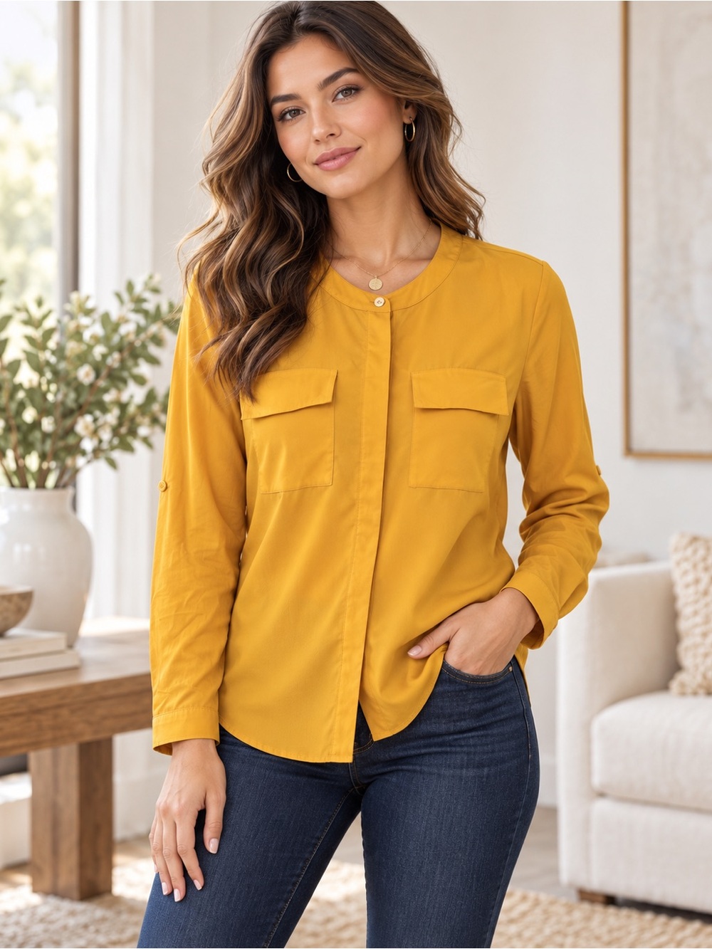 Covington Collarless Dual Pocket Roll-Tab Long Sleeve Blouse Size Medium